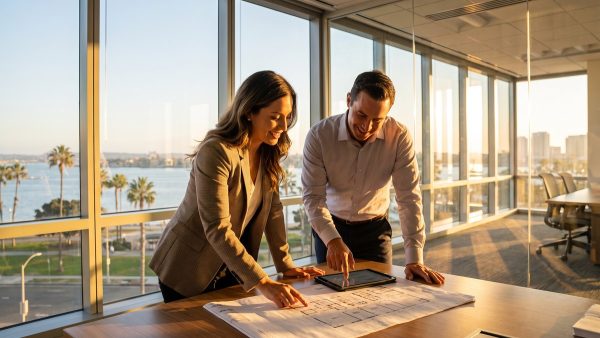 San Diego event planners reviewing an event floor plan and timeline in a downtown office