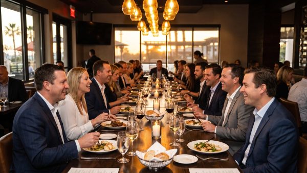 Corporate group dinner in progress at a long private table in a San Diego restaurant
