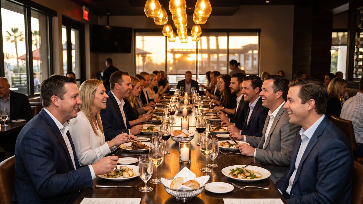 Corporate group dinner in progress at a long private table in a San Diego restaurant