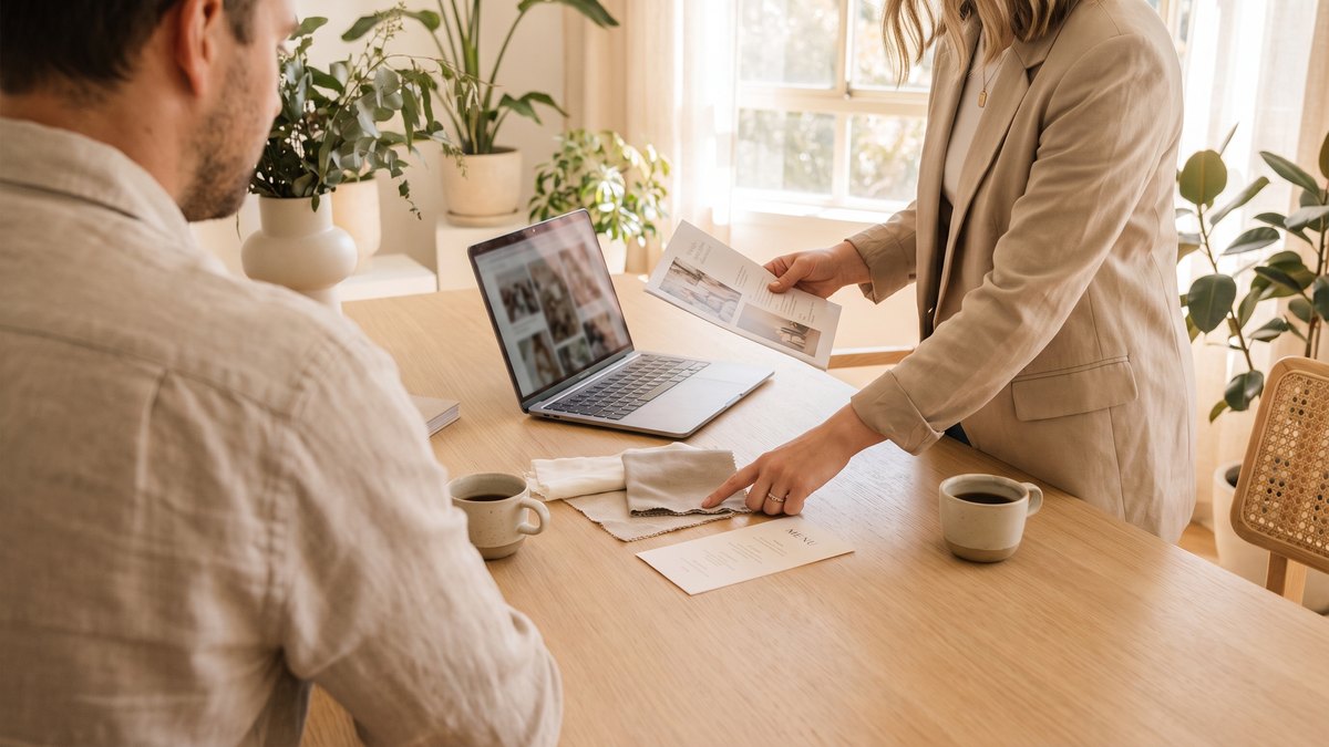 Event planner and client reviewing an event proposal, budget and menu samples together