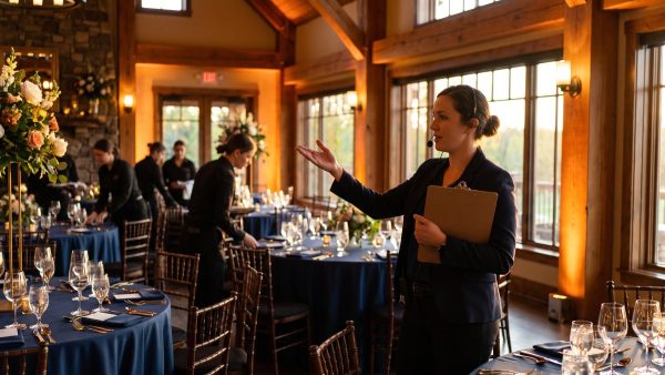 Professional event manager directing setup and run-of-show at a San Diego private event venue