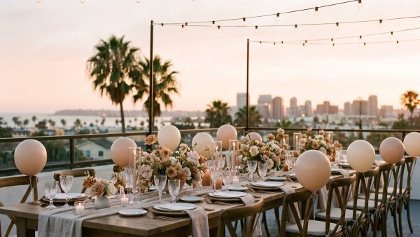 Milestone birthday celebration table on a San Diego rooftop terrace at sunset