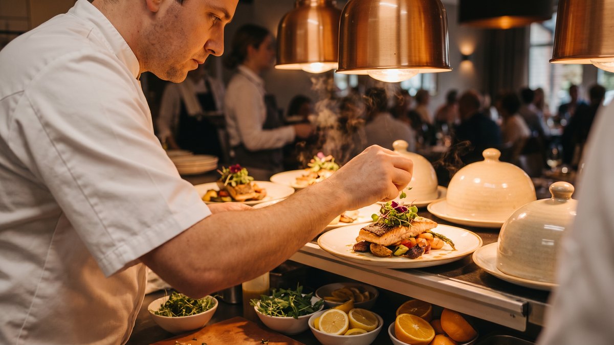 Chef plating a coastal California tasting menu course for a San Diego private dining event