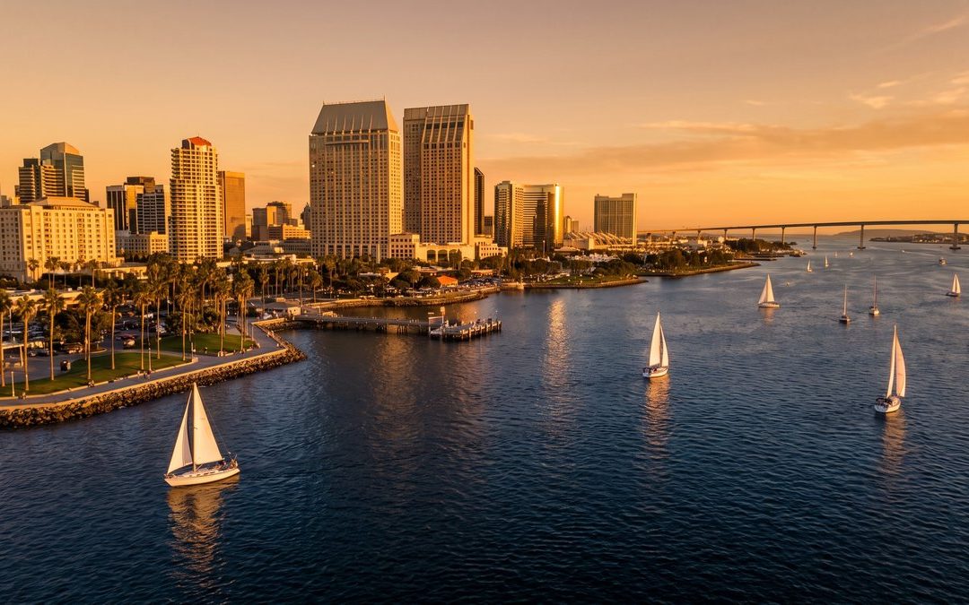 Downtown San Diego waterfront skyline at golden hour, a top destination for private events