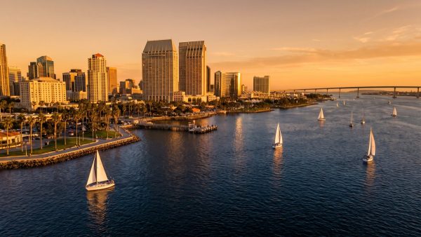 Downtown San Diego waterfront skyline at golden hour, a top destination for private events