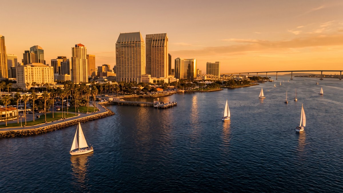 Downtown San Diego waterfront skyline at golden hour, a top destination for private events