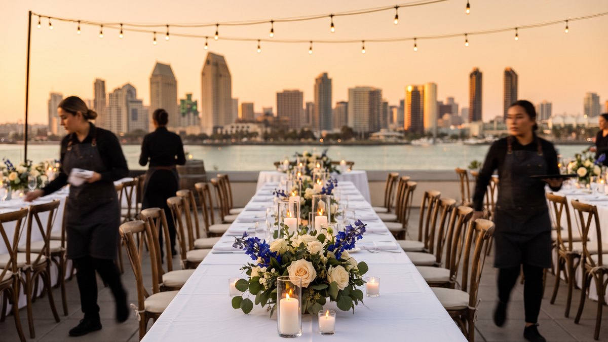 Private event planning in San Diego - rooftop dinner table set at sunset with the downtown skyline behind