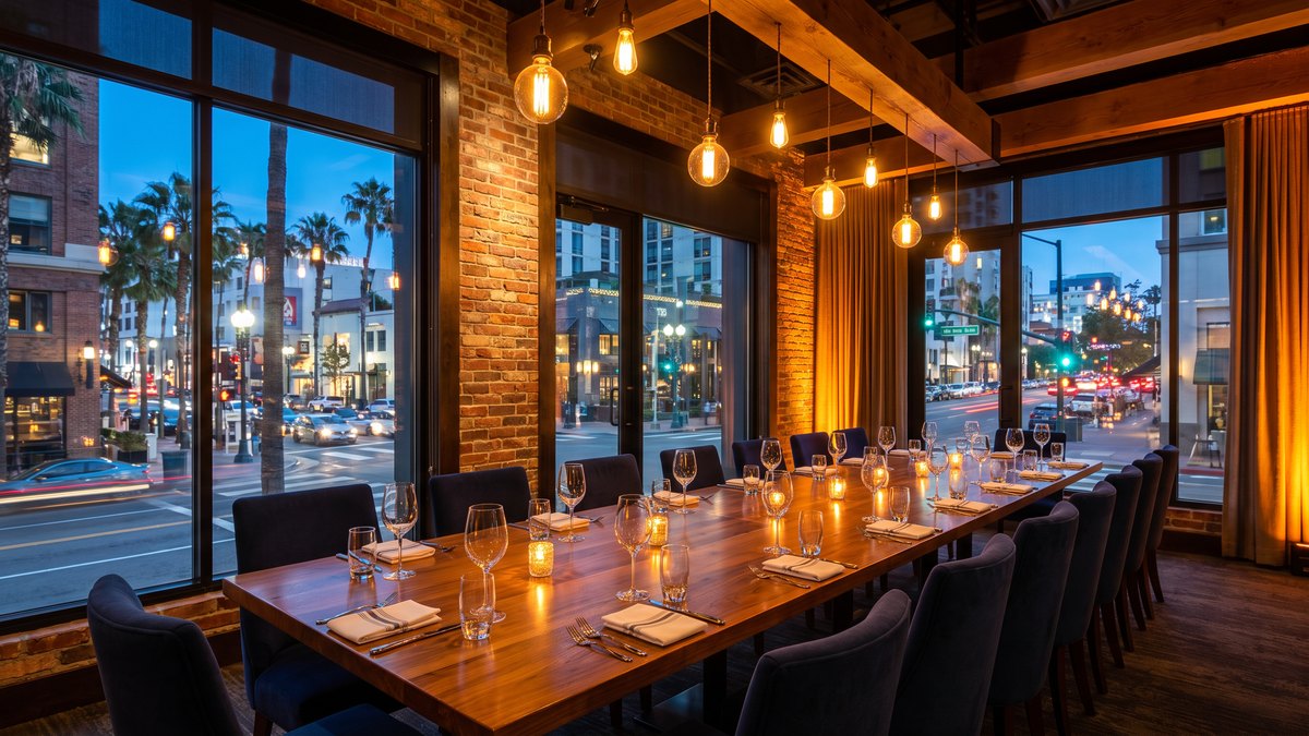 Private dining room set for a group venue buyout in downtown San Diego at dusk