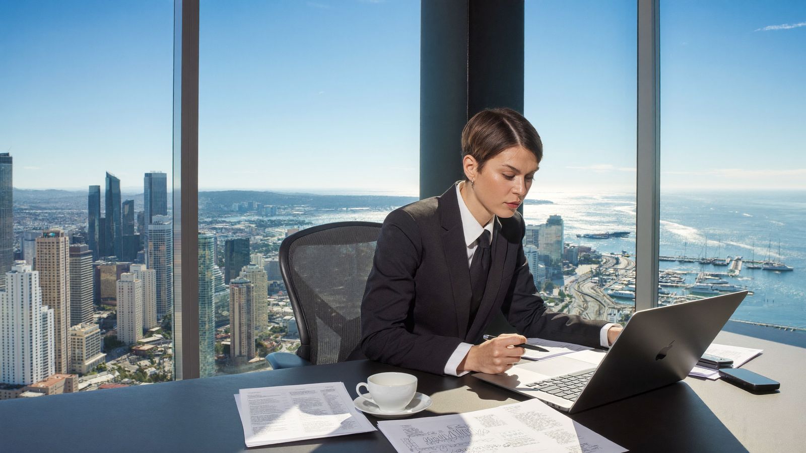 Event planner reviewing a corporate event budget at a desk overlooking the San Diego waterfront
