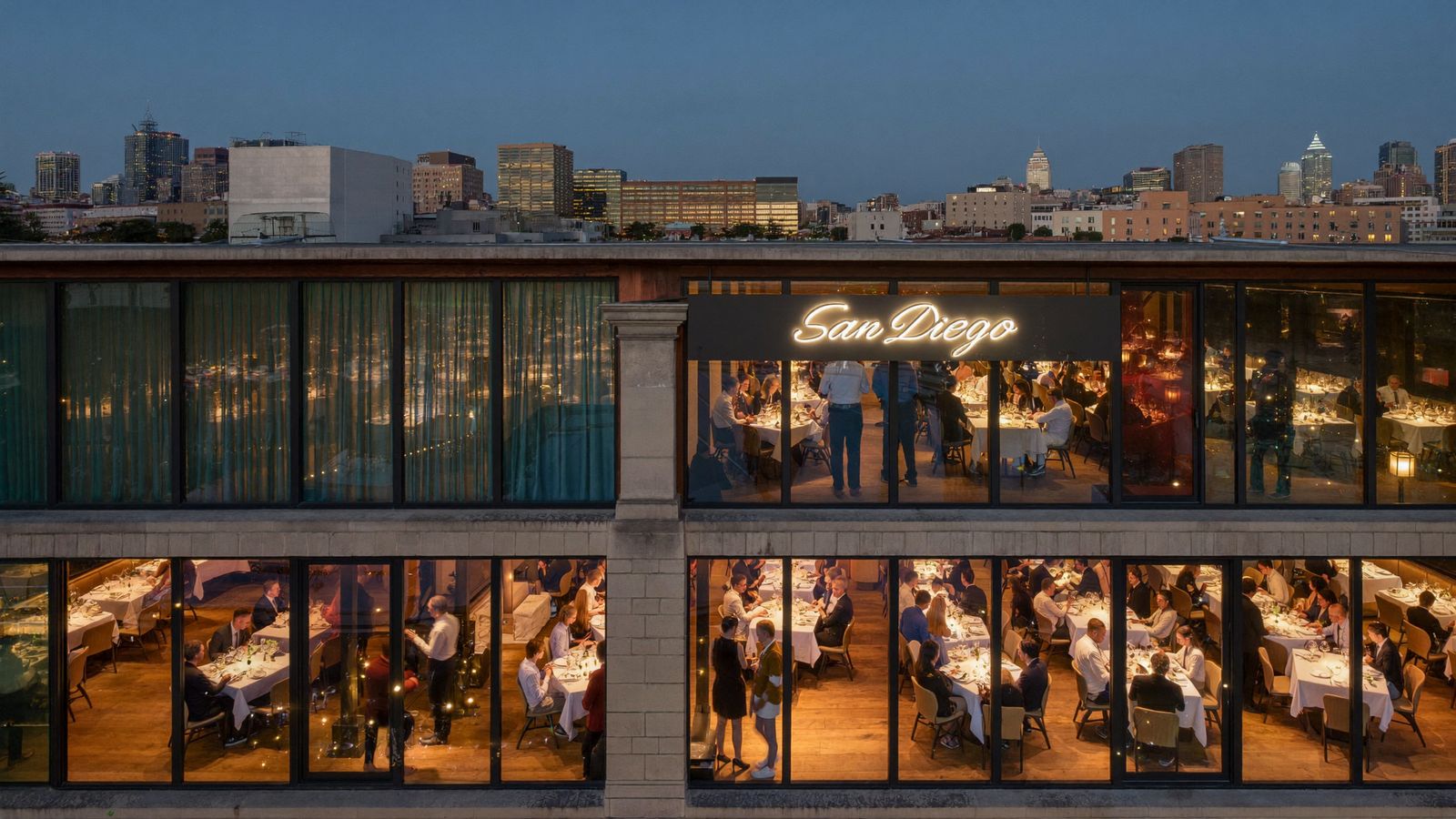 San Diego restaurant ready for a dine-around Multi-level San Diego restaurant lit up at night, ready for a dine-around group