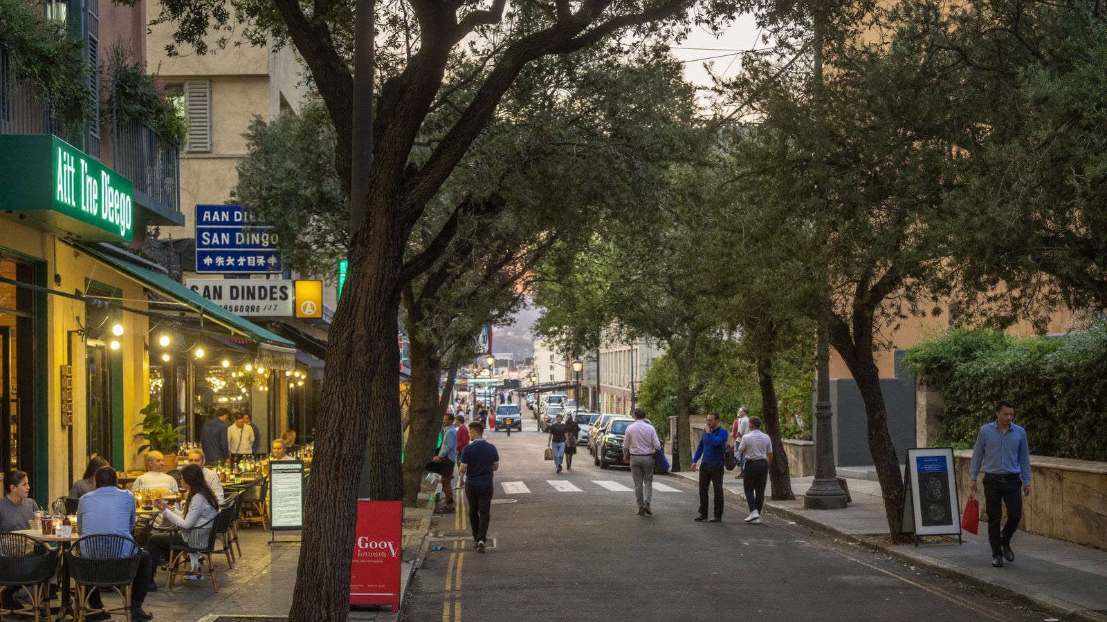 Tree-lined Little Italy street with sidewalk cafes in San Diego