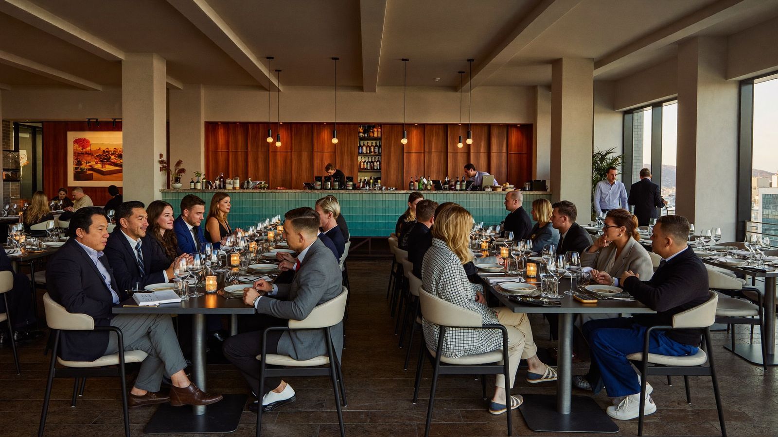 Full restaurant buyout in San Diego Corporate group seated at long tables during a full restaurant buyout in San Diego