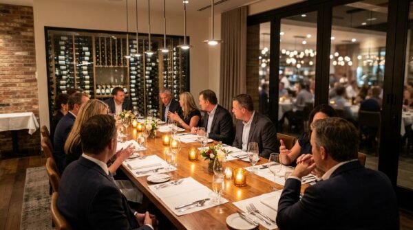Elegantly set private dining room in San Diego for a corporate dinner event