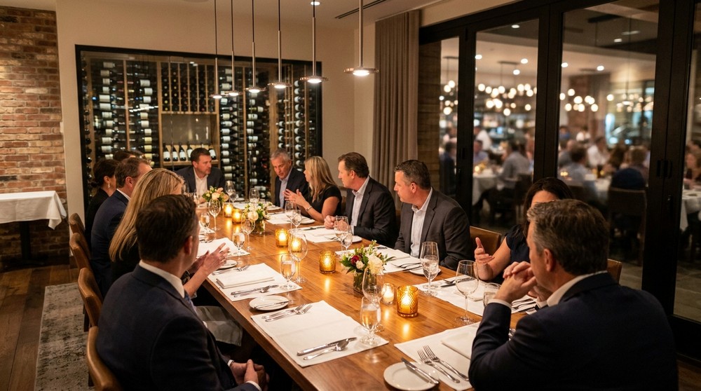Elegantly set private dining room in San Diego for a corporate dinner event